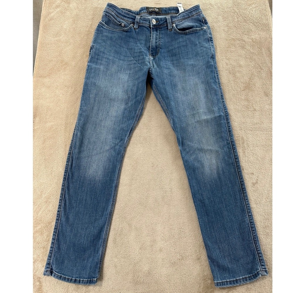 DU/ER Relaxed Taper Jeans Mens Size 34x30 Blue Denim Slim Fit Performance EUC